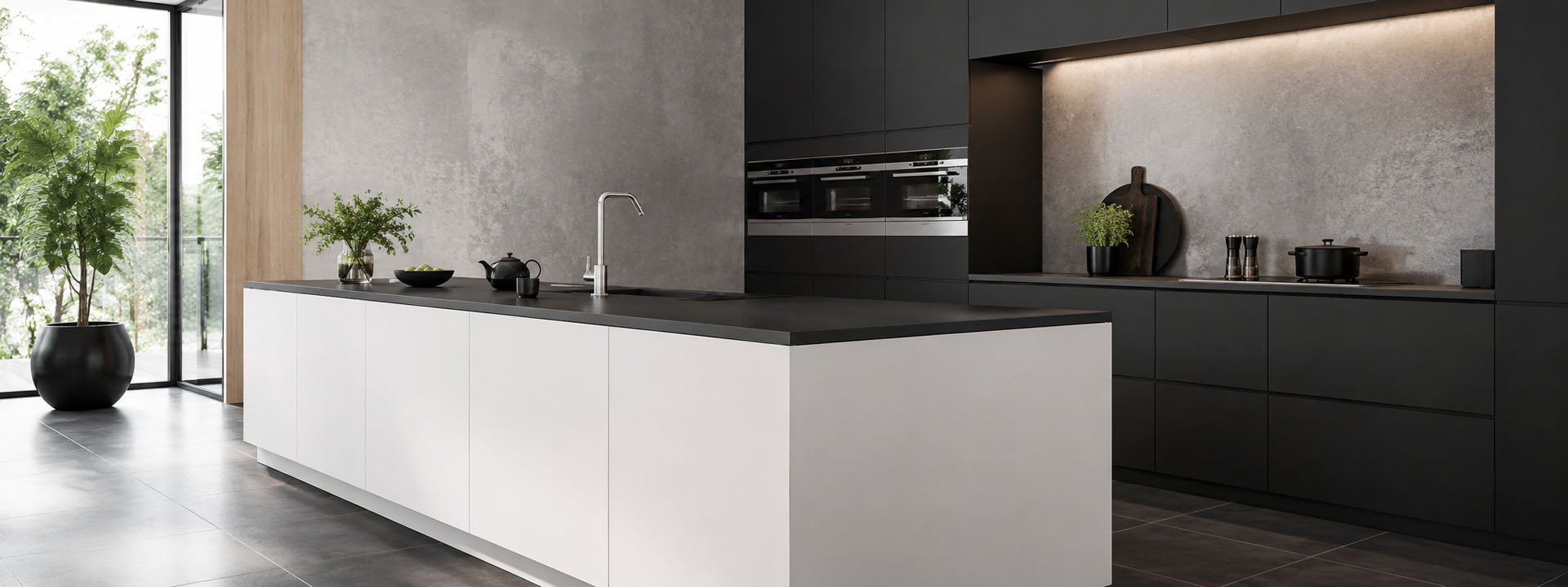 Moderne Designk&uuml;che mit hochwertigen matten K&uuml;chenfronten und K&uuml;cheninsel