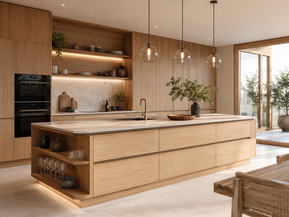Hochwertige Designk&uuml;che mit modernen K&uuml;chenfronten aus Holz und K&uuml;cheninsel